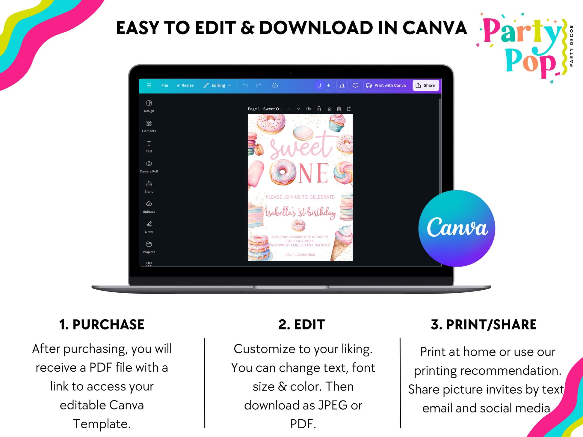 Sweet One 1st Birthday Invitation - Digital Download