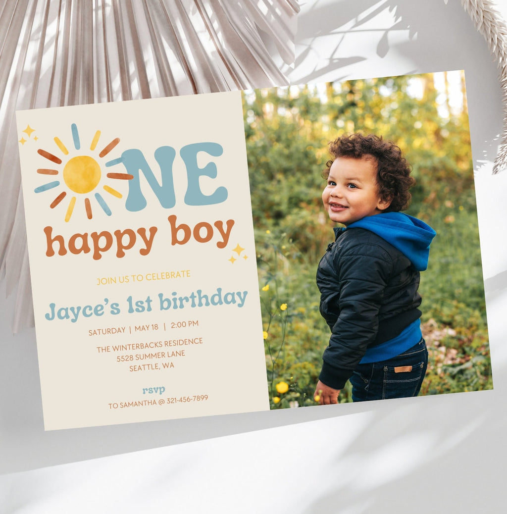 One Happy Boy 1st Birthday Photo Invitation - Digital Download