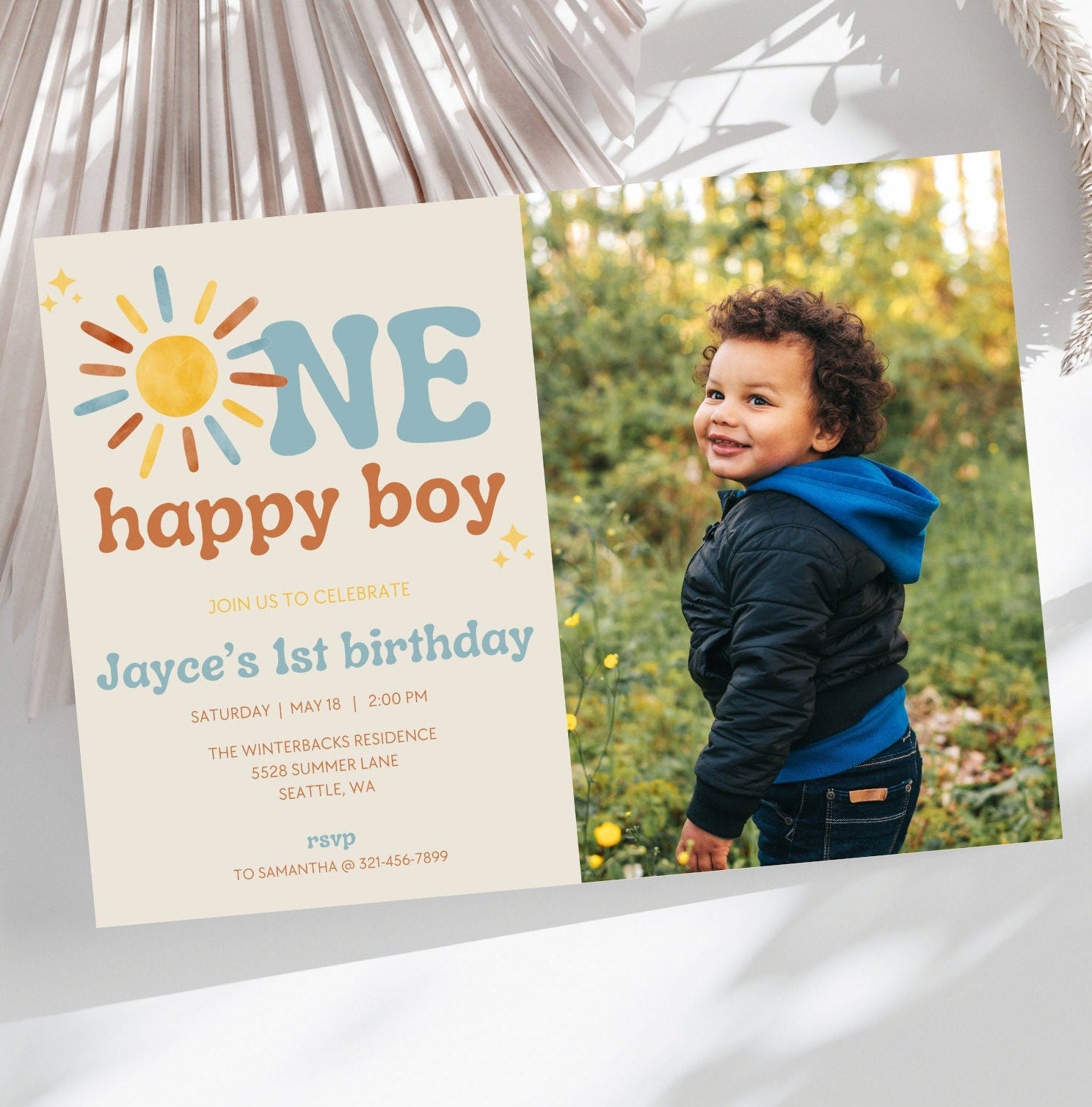 One Happy Boy 1st Birthday Photo Invitation - Digital Download