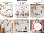 Collection of party favor items including labels, toppers, and tags with various designs.
