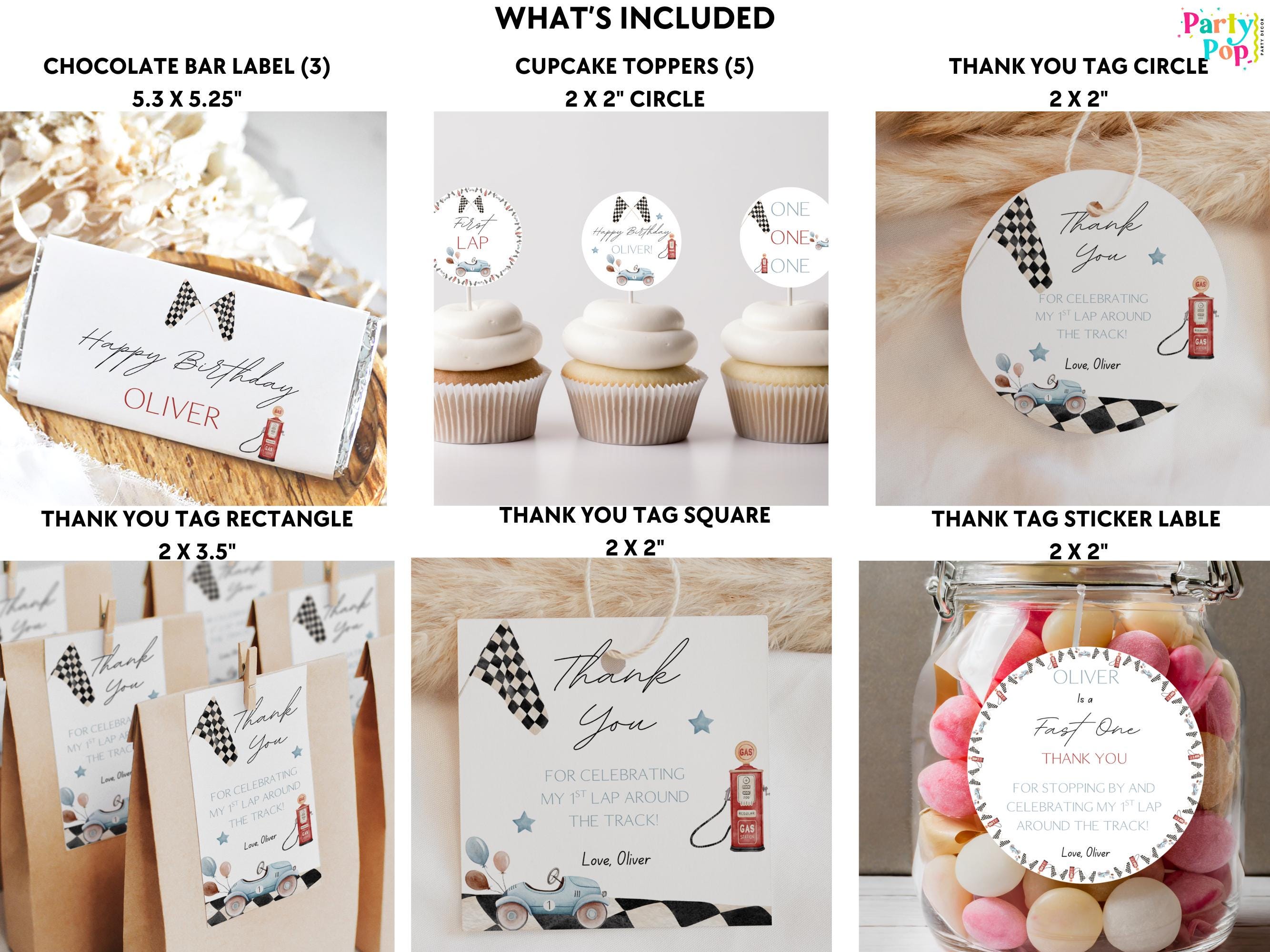 Collection of party favor items including labels, toppers, and tags with various designs.