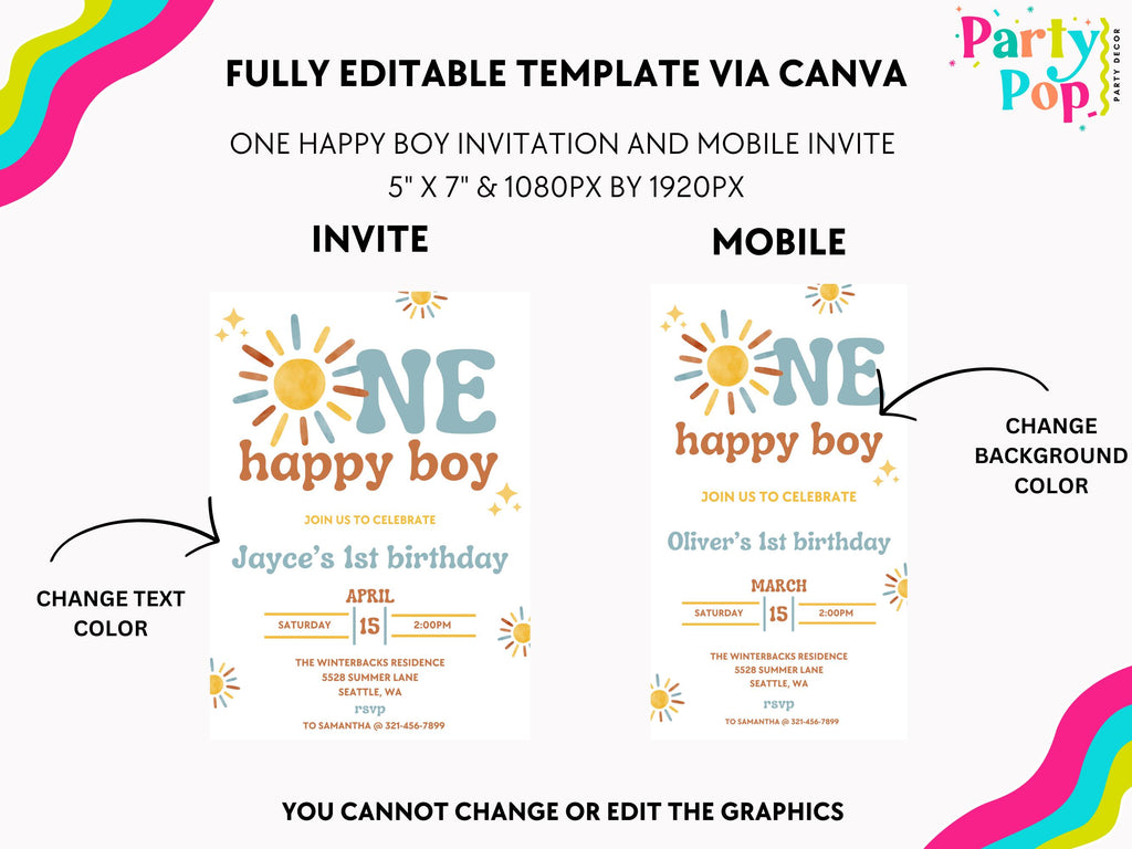One Happy Boy Birthday Invitation - Boho Sunshine Theme - Digital Download