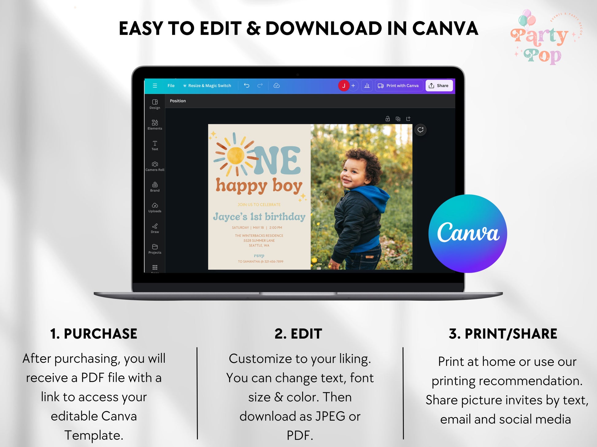 One Happy Boy 1st Birthday Photo Invitation - Digital Download