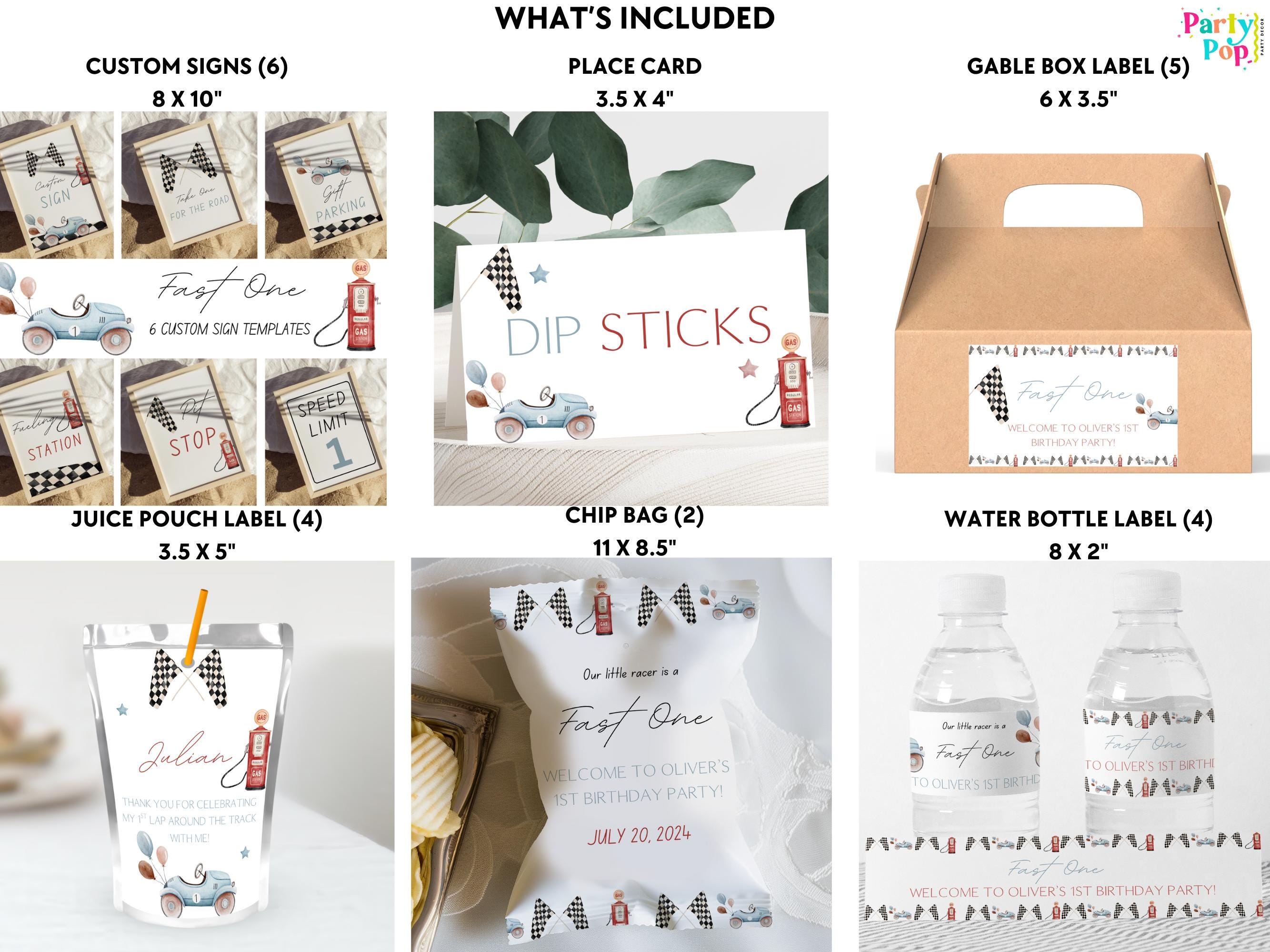 Collection of customizable party supplies with labels and packaging on a white background.