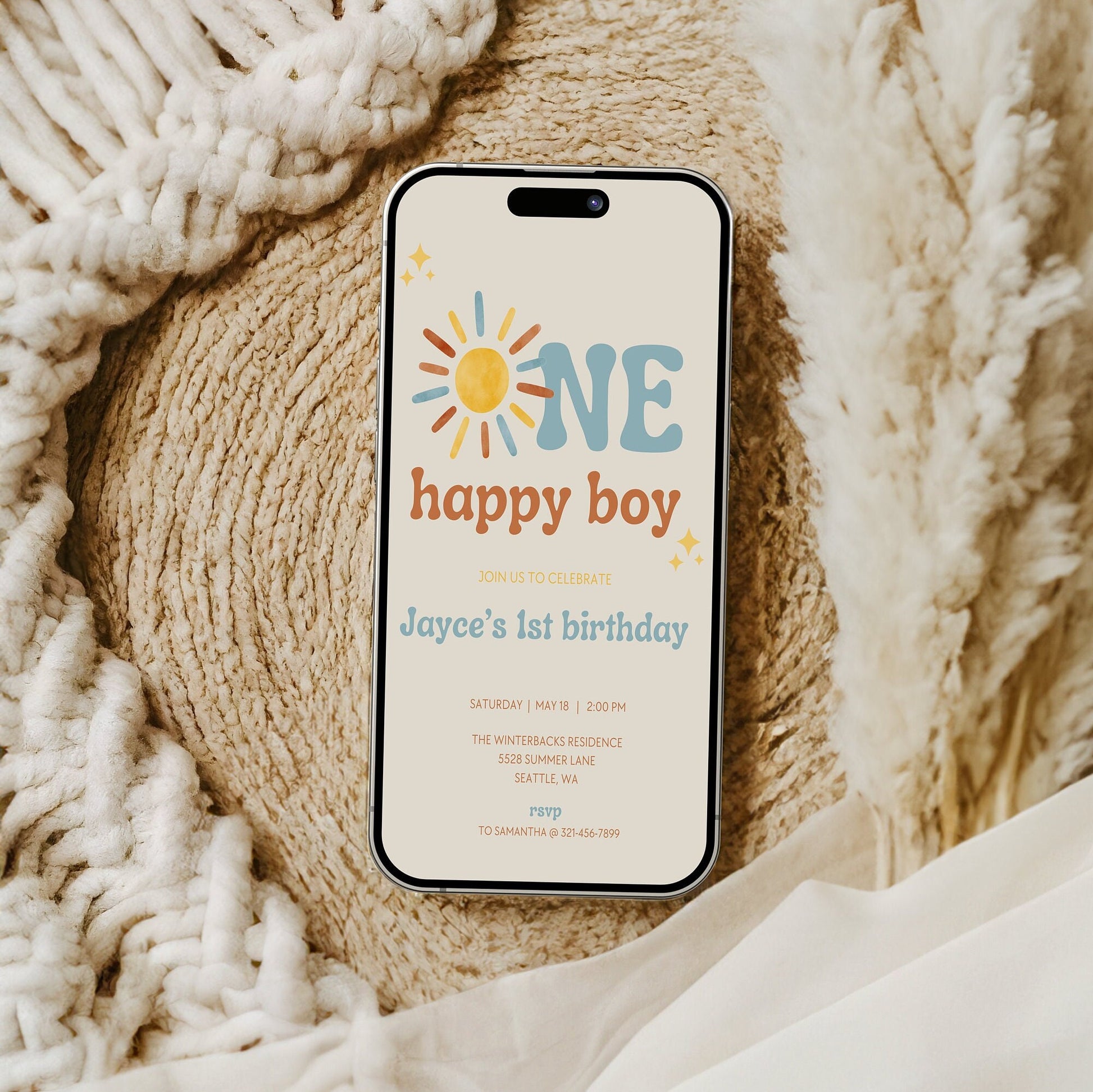 First Trip Around The Sun - One Happy Boy Birthday Invitation - Digital Download