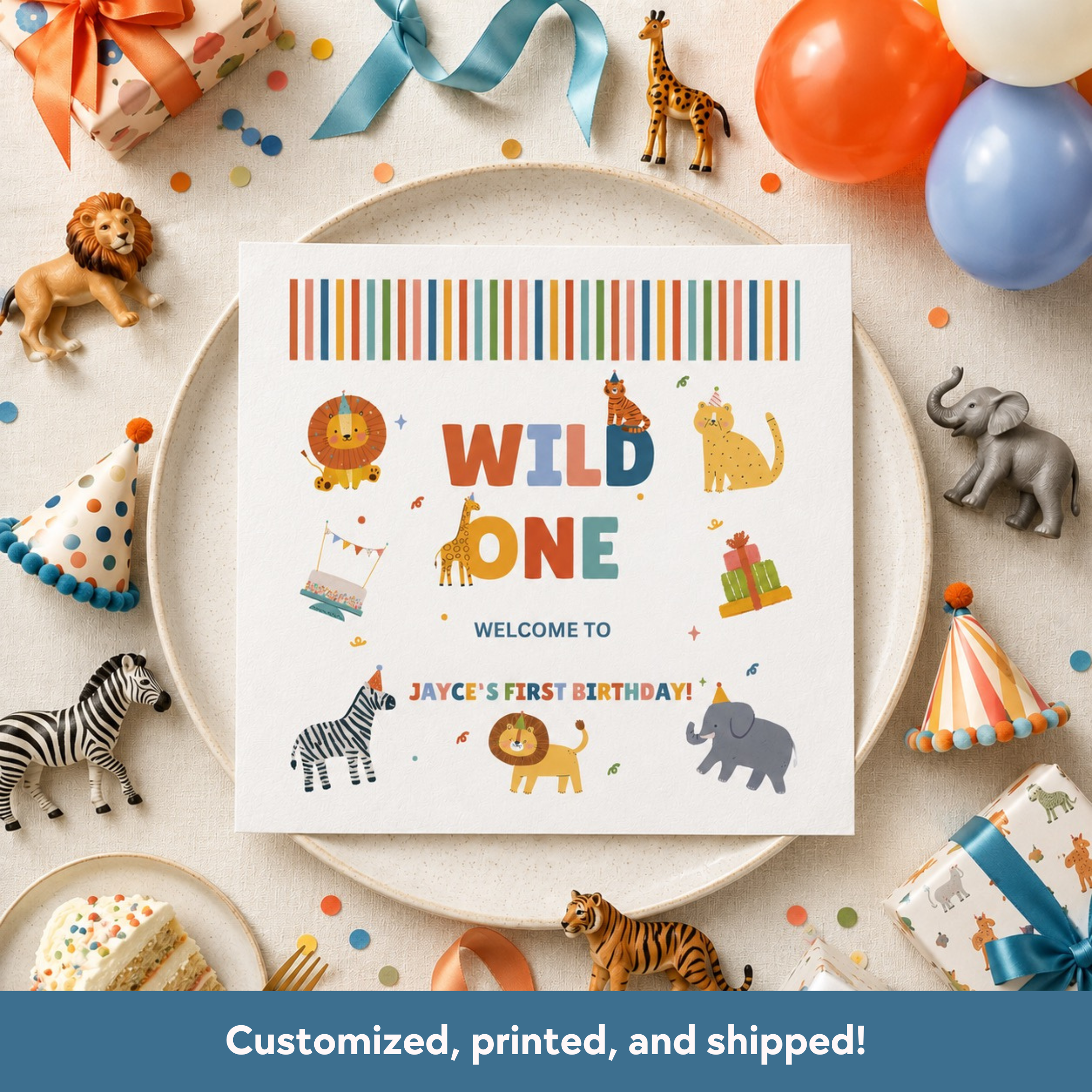 Birthday party setup with 'Wild One' sign and animal-themed decorations.