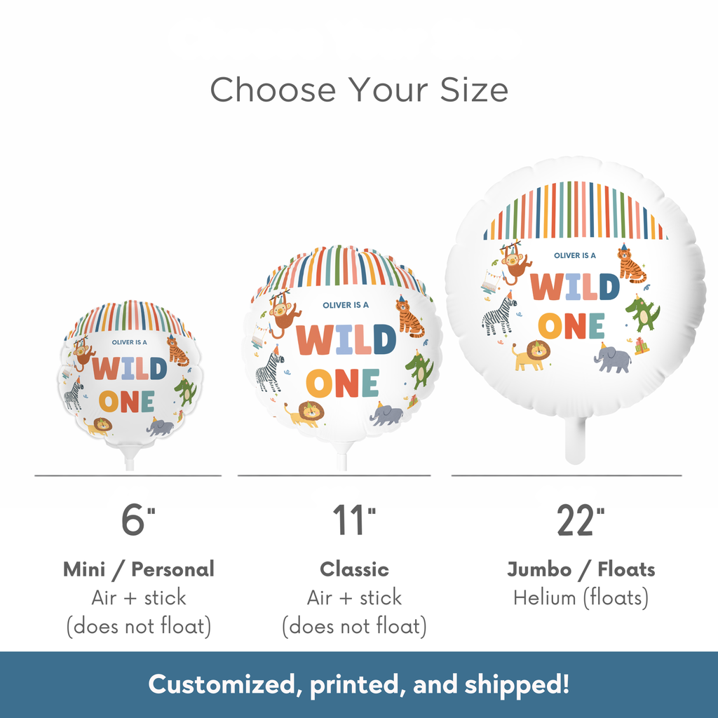 Balloon size chart with three balloon sizes labeled 'Mini', 'Classic', and 'Jumbo' on a white background.