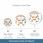 Balloon size chart with three balloon sizes labeled 'Mini', 'Classic', and 'Jumbo' on a white background.