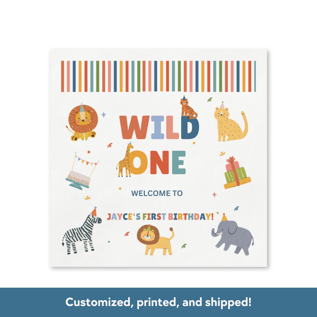Birthday invitation card with colorful animals and 'Wild One' text on a white background