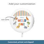 Balloon with animal illustrations and text 'Oliver is a Wild One' on a white background