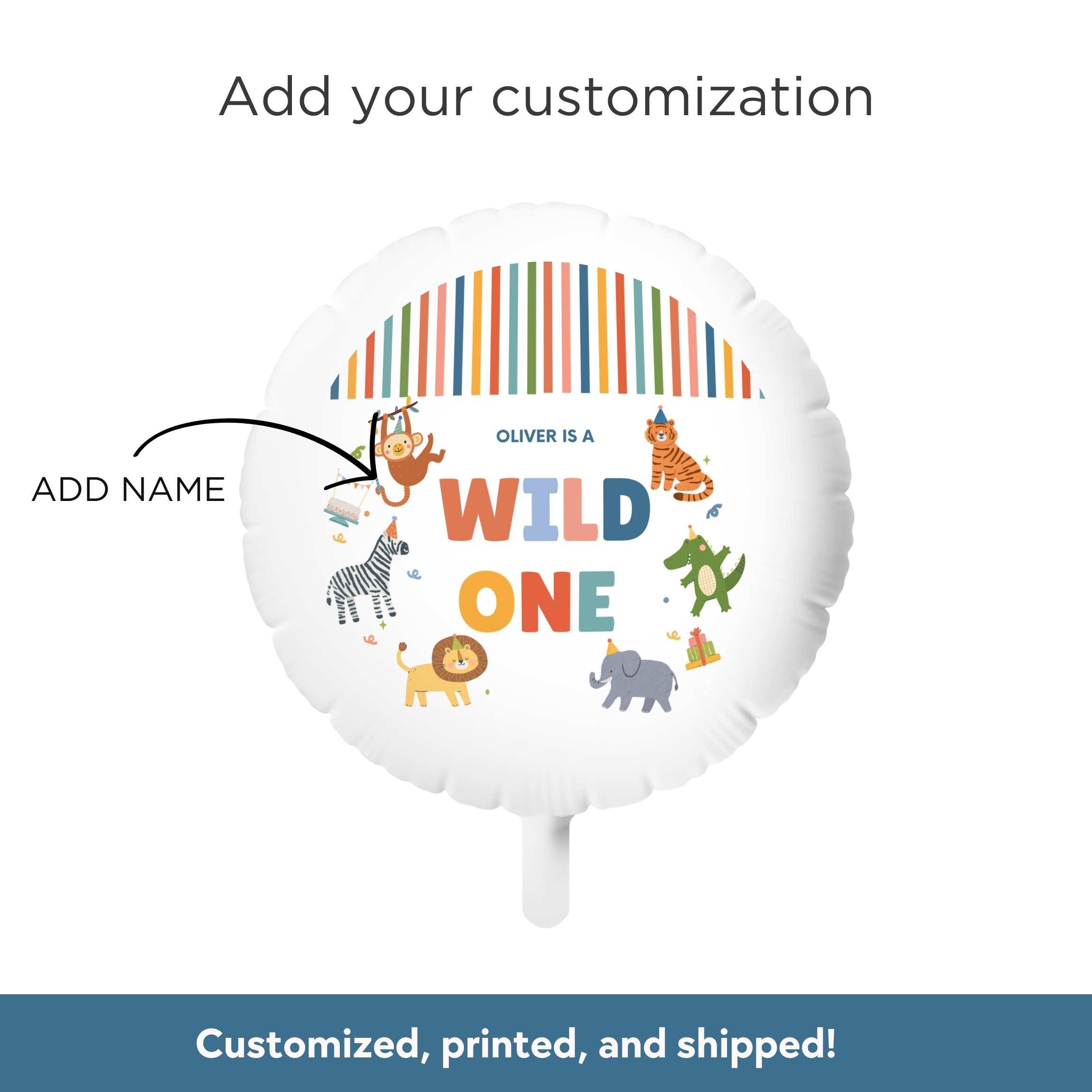 Balloon with animal illustrations and text 'Oliver is a Wild One' on a white background