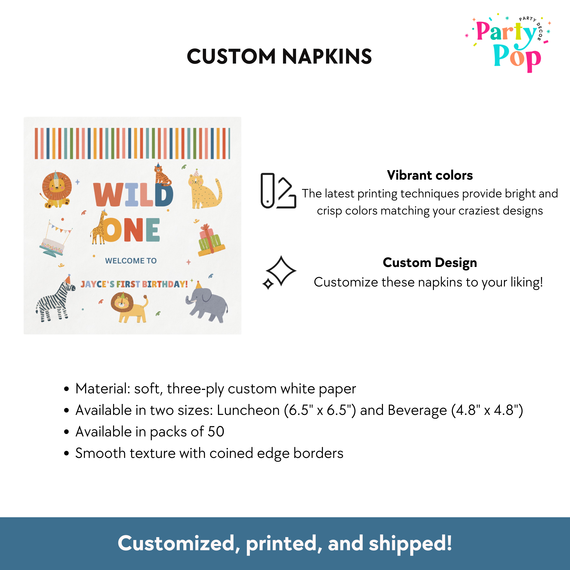 Custom napkins with 'Wild One' design and Party Pop branding.