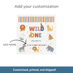 Birthday invitation with colorful animals and text, customizable with a name.