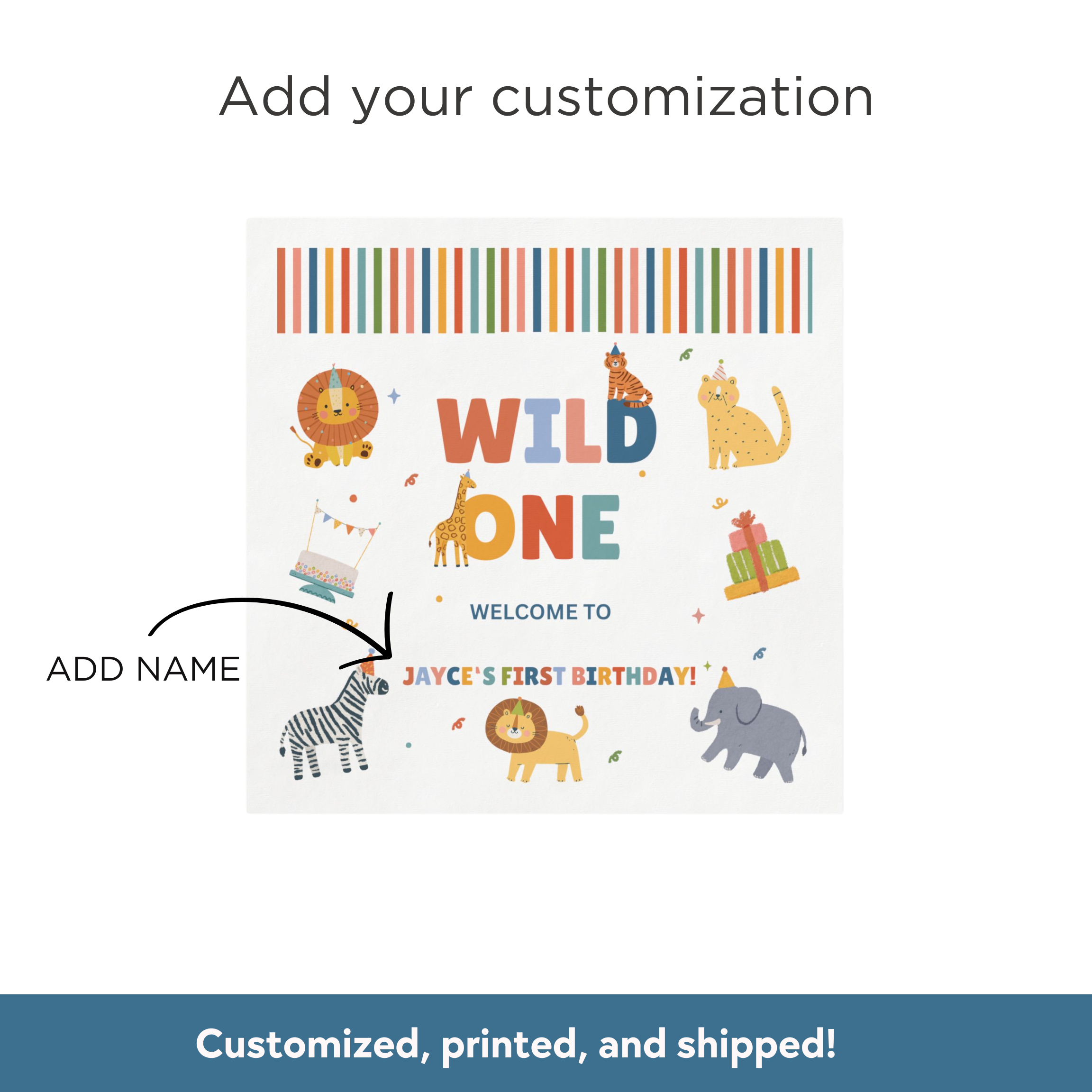 Birthday invitation with colorful animals and text, customizable with a name.