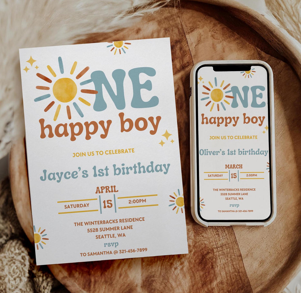 One Happy Boy Birthday Invitation - Boho Sunshine Theme - Digital Download