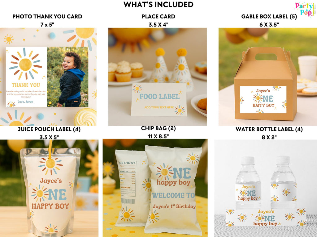 One Happy Boy Birthday Bundle - First Trip Around The sun Party Favors - Sunshine Theme - Digital Download