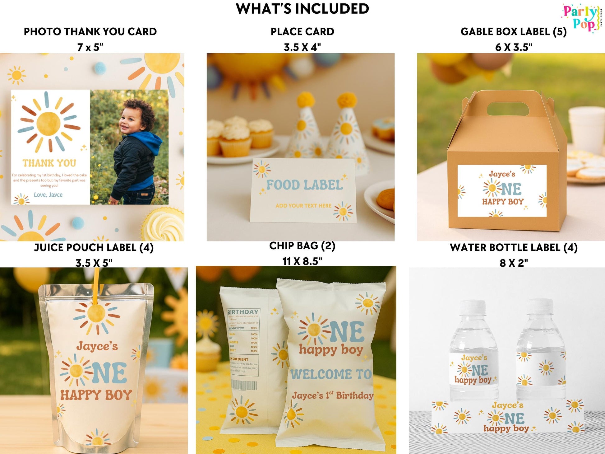 One Happy Boy Birthday Bundle - First Trip Around The sun Party Favors - Sunshine Theme - Digital Download