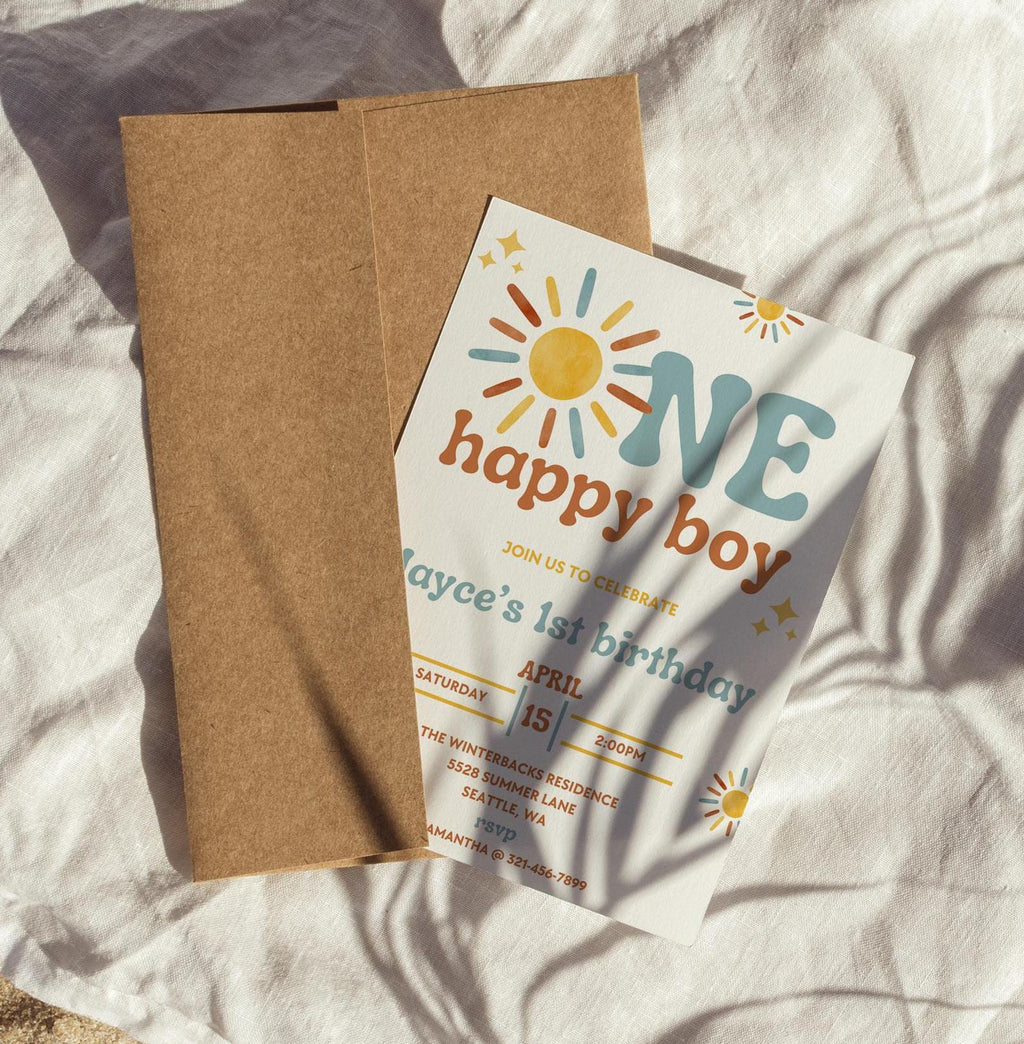 One Happy Boy Birthday Invitation - Boho Sunshine Theme - Digital Download
