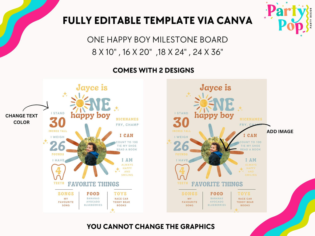 One happy Boy Milestone Board - First Birthday Milestone Board - Boho Sunshine - Digital Download