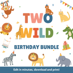 A colorful digital preview for a 'Two Wild Birthday Bundle' featuring cartoon animal illustrations around large text on a white background, with a blue banner at the bottom reading 'Edit in minutes, download and print!'.