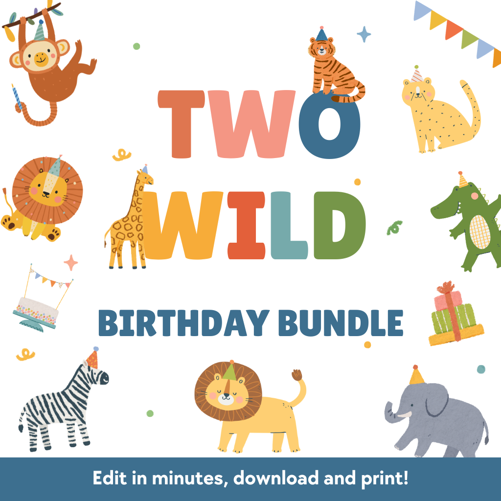 A colorful digital preview for a 'Two Wild Birthday Bundle' featuring cartoon animal illustrations around large text on a white background, with a blue banner at the bottom reading 'Edit in minutes, download and print!'.