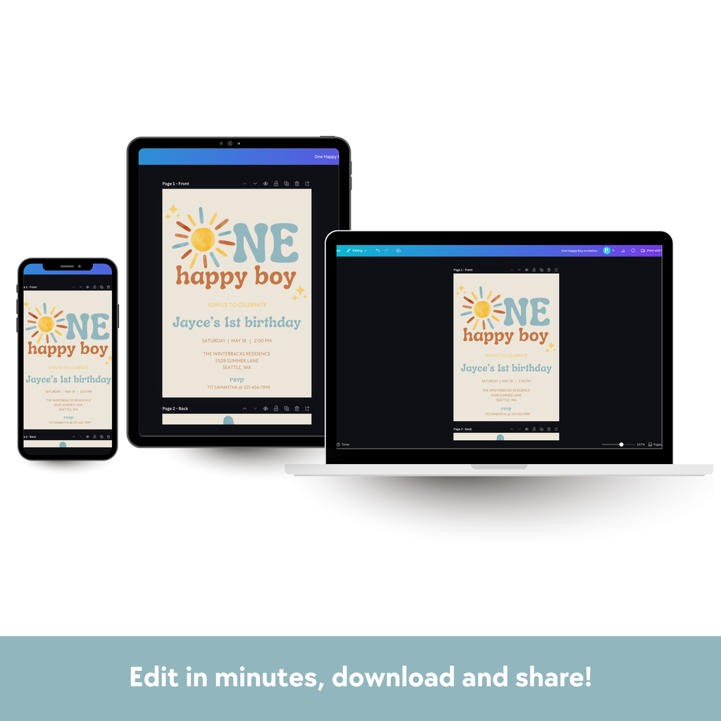 One Happy Boy Download & Print Invitation - Boho