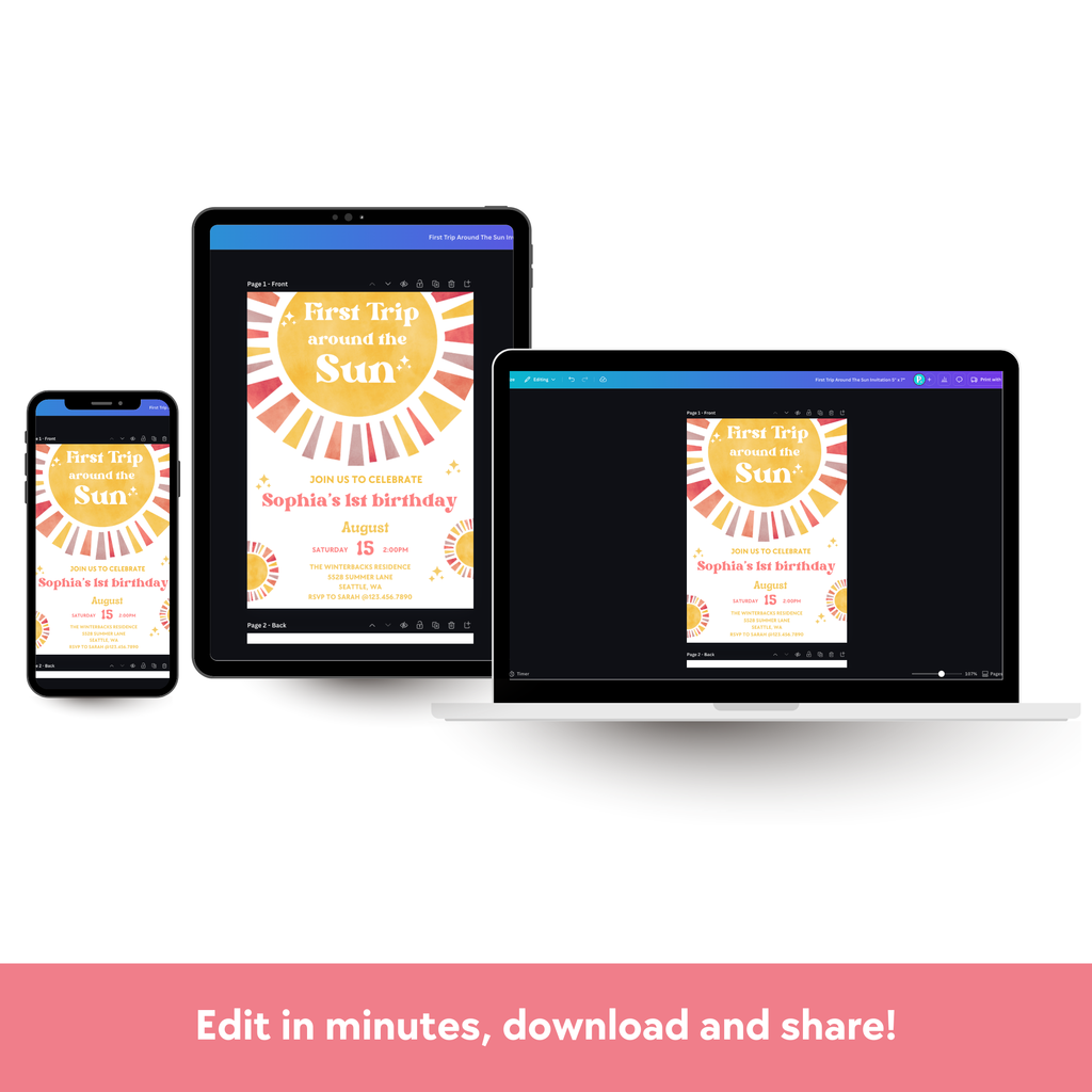First Trip Around The Sun Download & Print Invitation - Girl