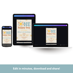 Digital invitation on a laptop, tablet, and smartphone with text 'NE happy boy' displayed.