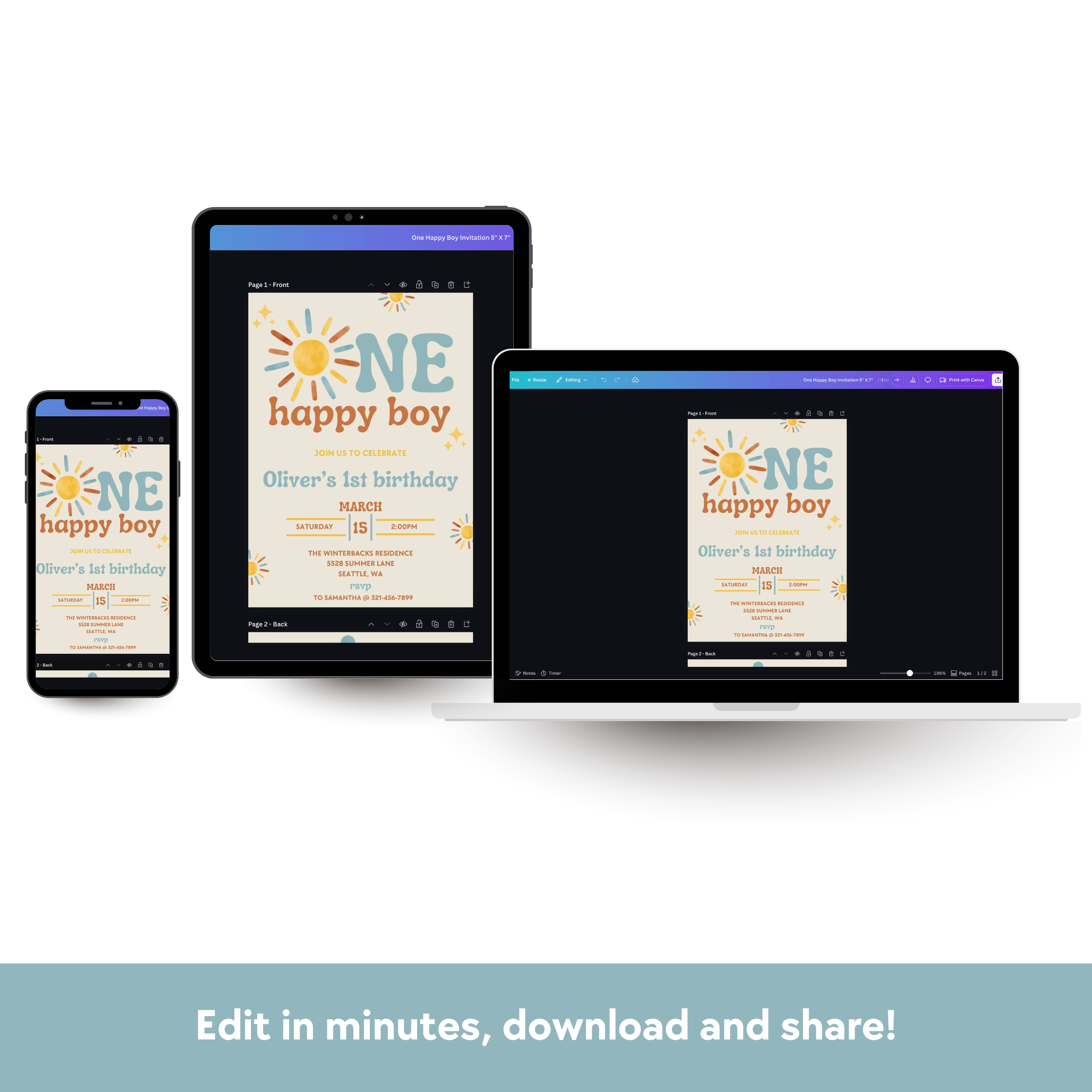 Digital invitation on a laptop, tablet, and smartphone with text 'NE happy boy' displayed.