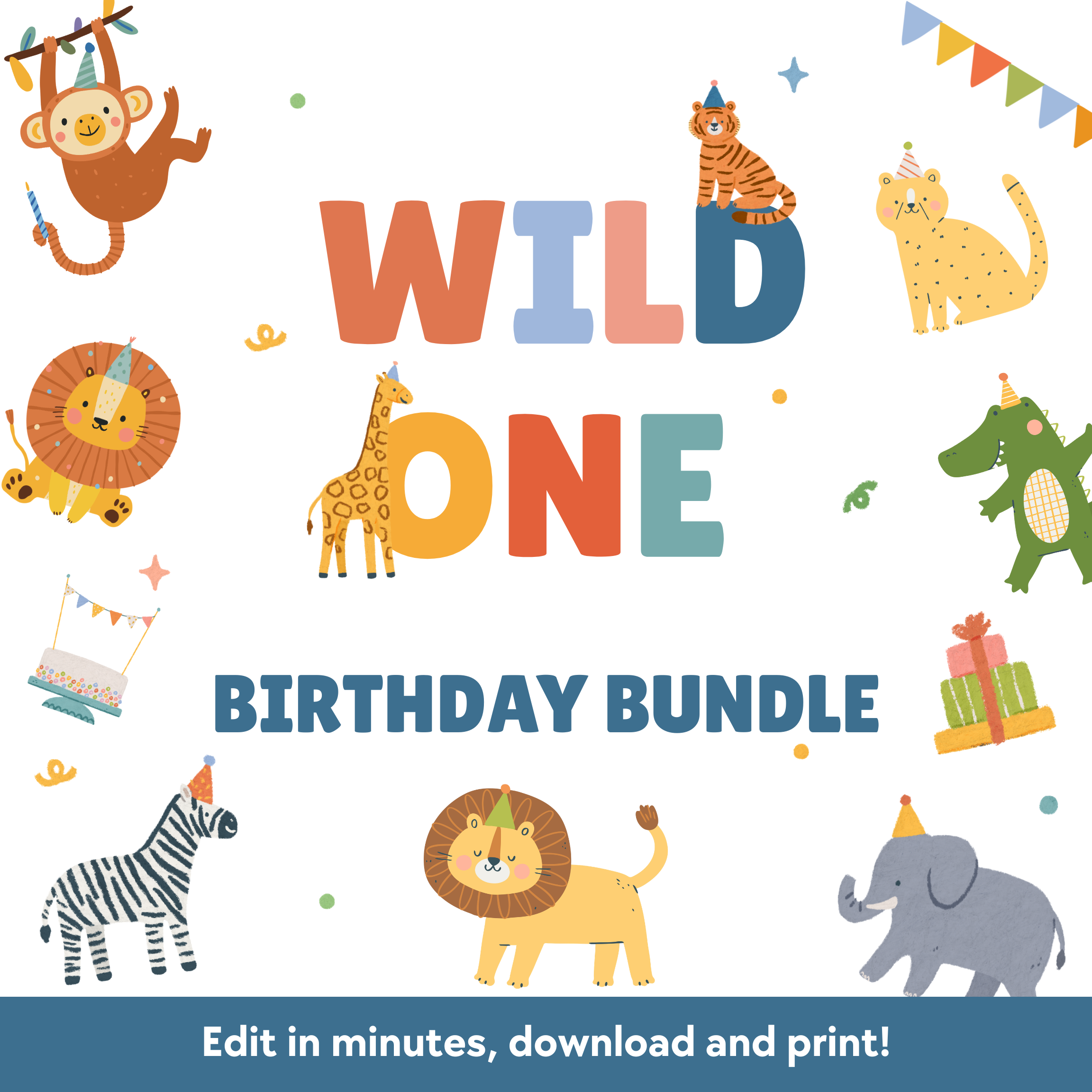 Cover of a 'Wild One Birthday Bundle' with colorful animal illustrations and text.