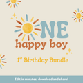 1st birthday bundle package with colorful sun design and text on a beige background
