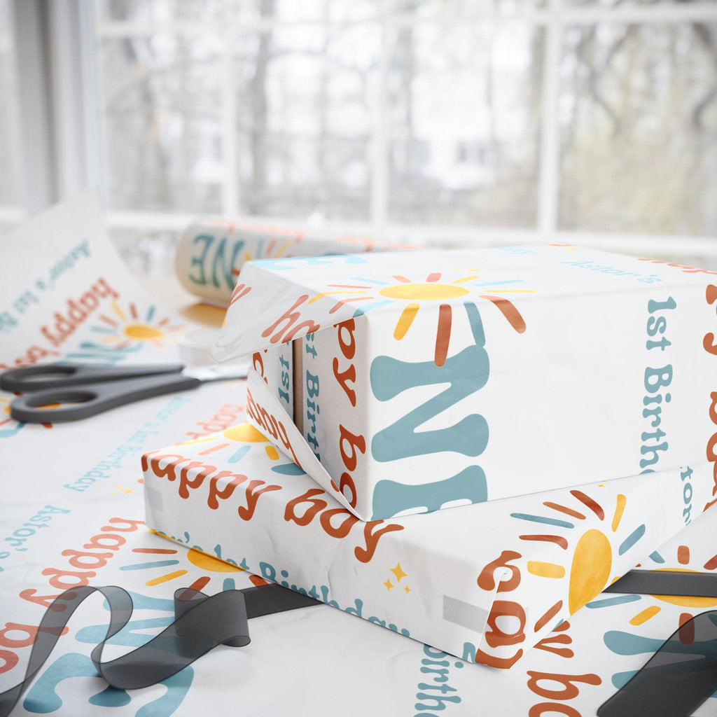 One Happy Boy Custom Birthday Wrapping Paper - Sunshine Theme