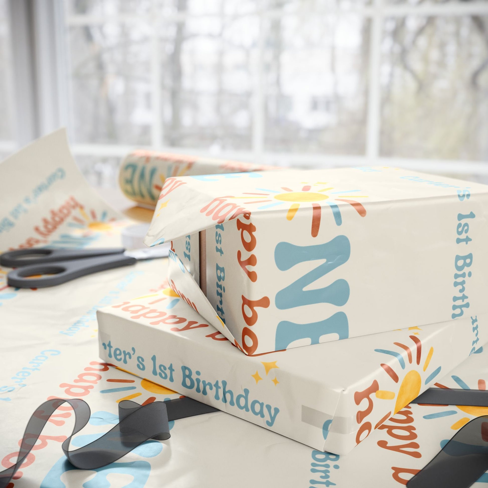 One Happy Boy Custom Birthday Wrapping Paper - Sunshine Theme