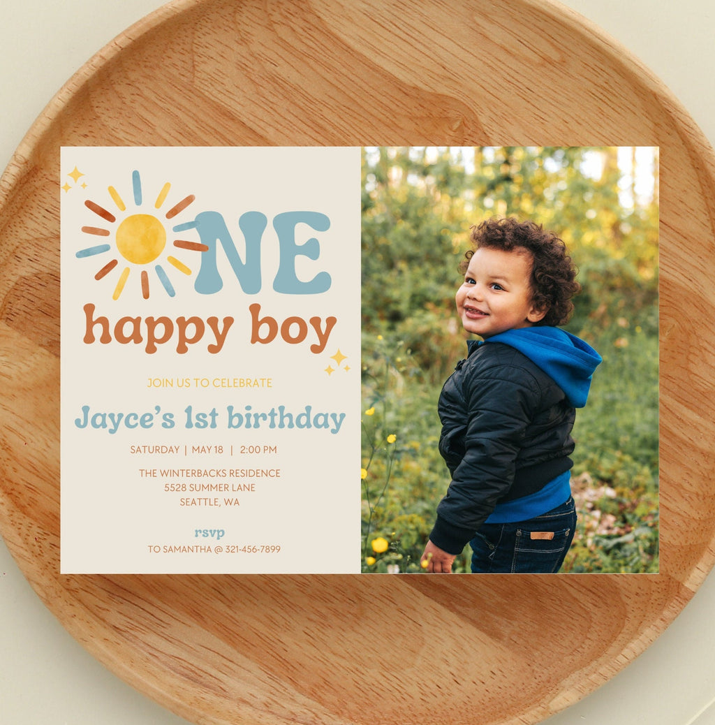 One Happy Boy 1st Birthday Photo Invitation - Digital Download