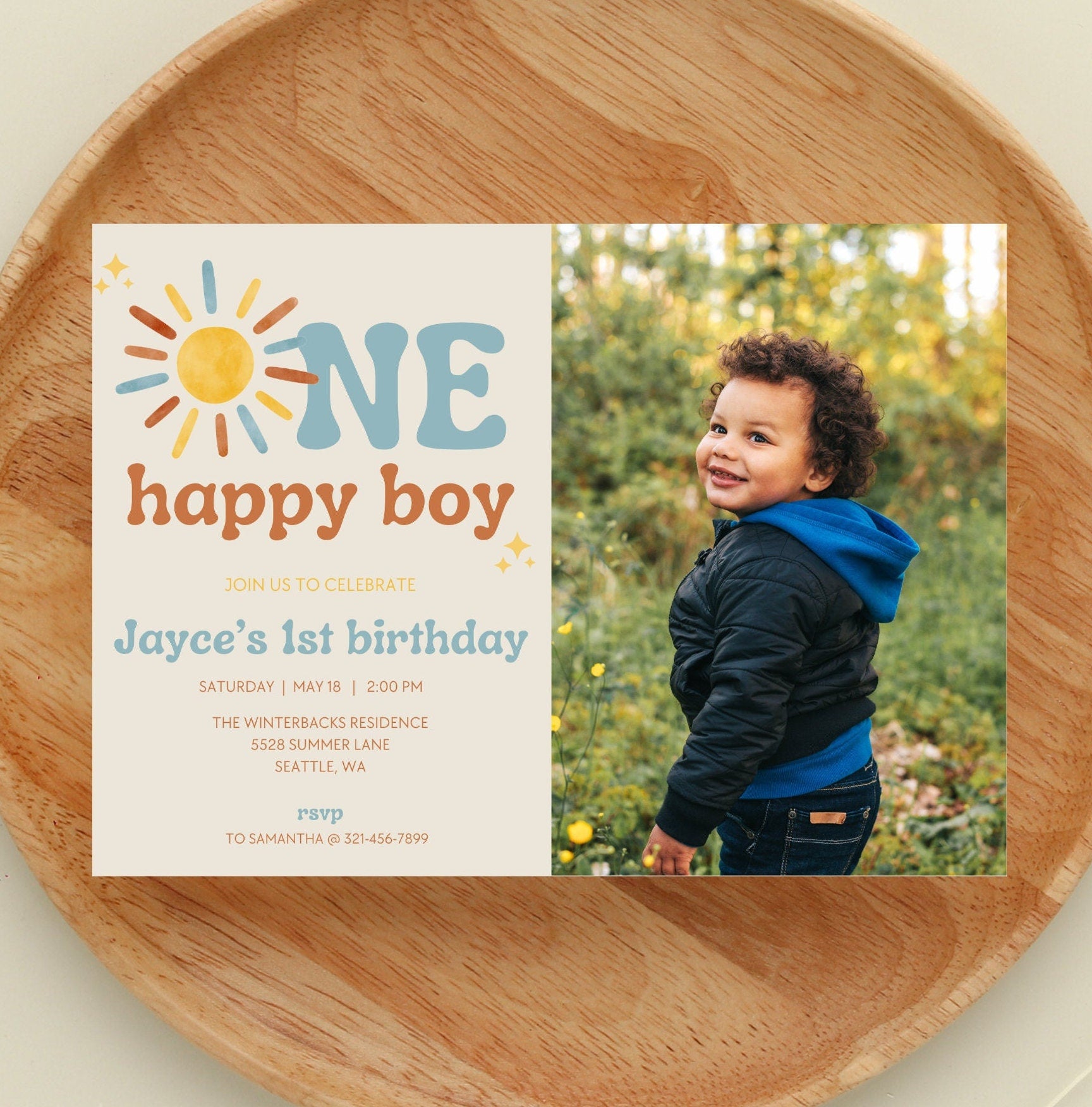 One Happy Boy 1st Birthday Photo Invitation - Digital Download