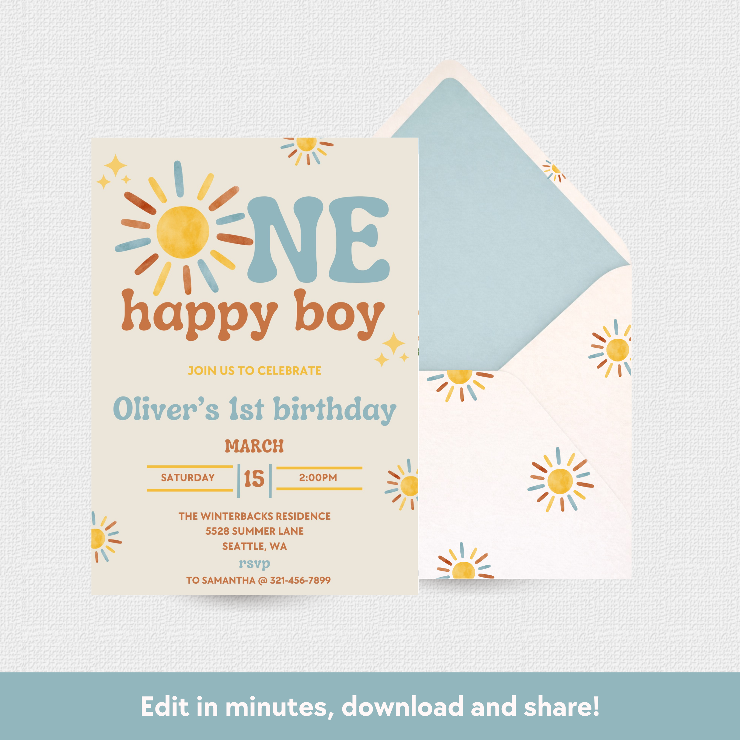 Birthday invitation card for a boy's first birthday with sun and flower designs on a light blue background.