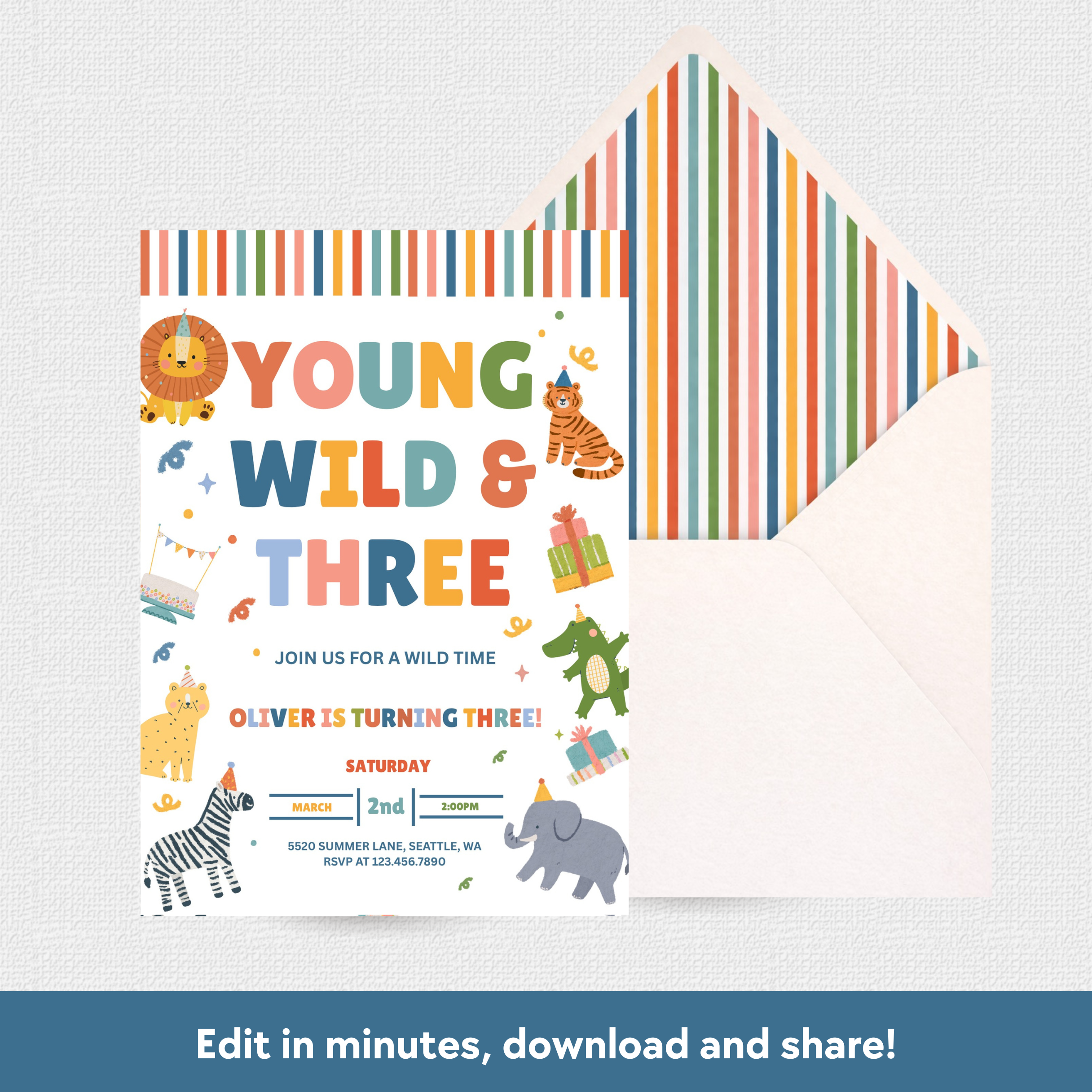 Children's birthday invitation with colorful animals and text on a white background