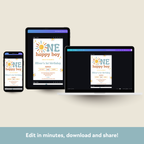 Digital birthday invitation on a tablet, phone, and computer screen with text 'NE happy boy'.