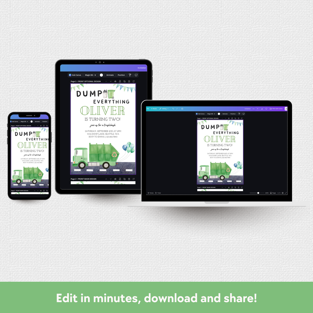 Smartphone and tablets displaying a digital product with a green truck graphic on a white background.