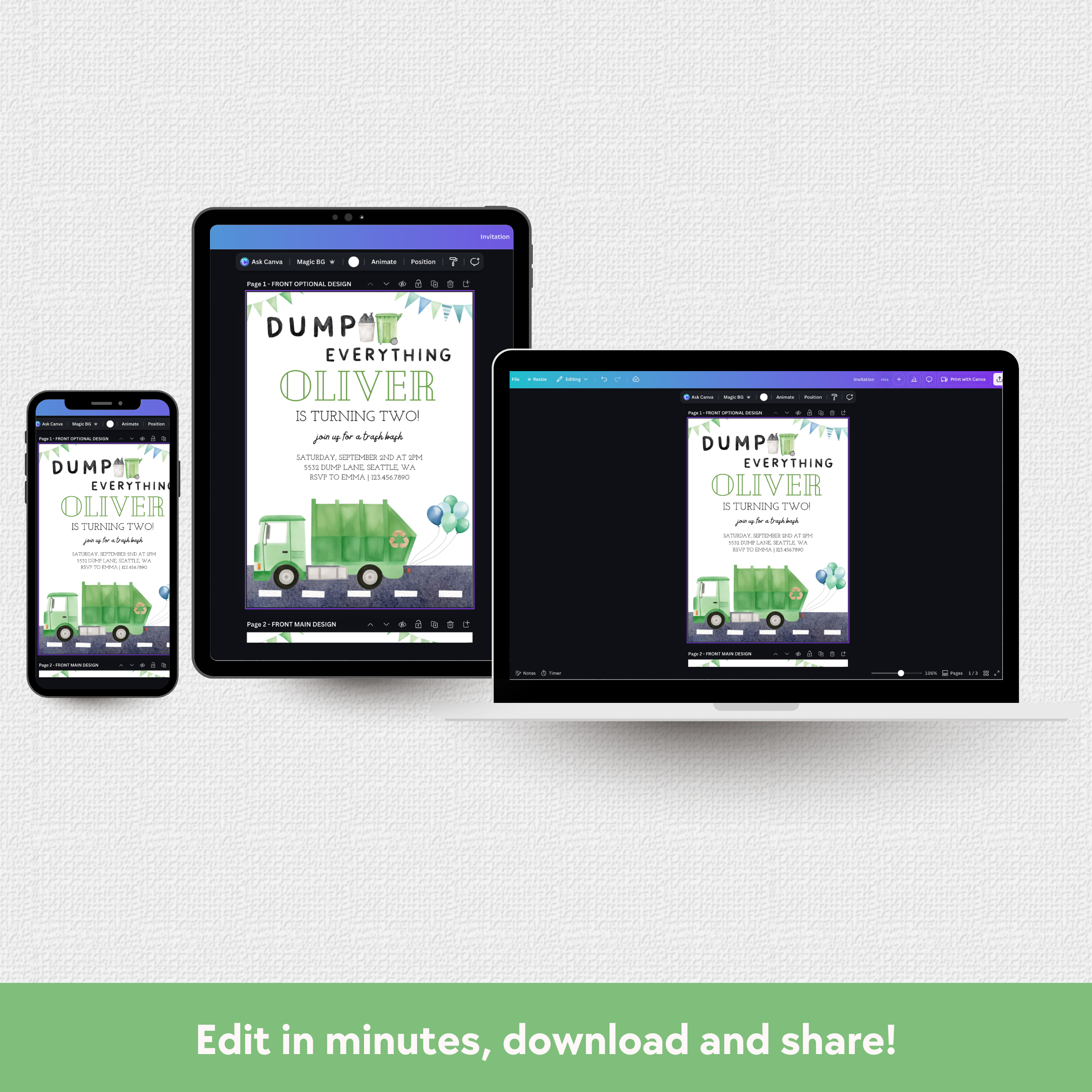 Smartphone and tablets displaying a digital product with a green truck graphic on a white background.