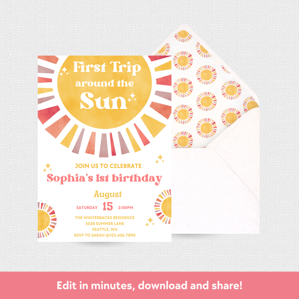 First Trip Around The Sun Download & Print Invitation - Girl
