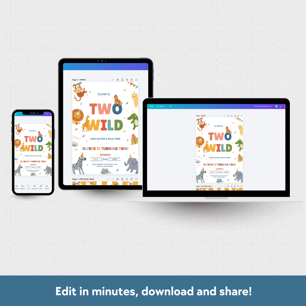 Three digital mockups of a children's birthday invitation template displayed on a smartphone, tablet, and laptop against a light gray textured background, with the text 'Edit in minutes, download and share!' at the bottom.