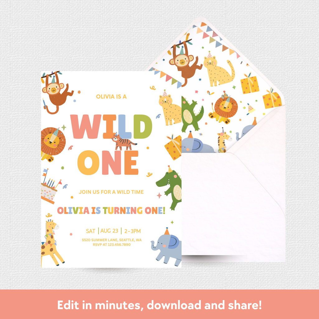 Children's birthday invitation with animal-themed design on a white background