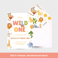 Children's birthday invitation with animal-themed design on a white background