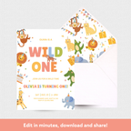 Children's birthday invitation with animal-themed design on a white background