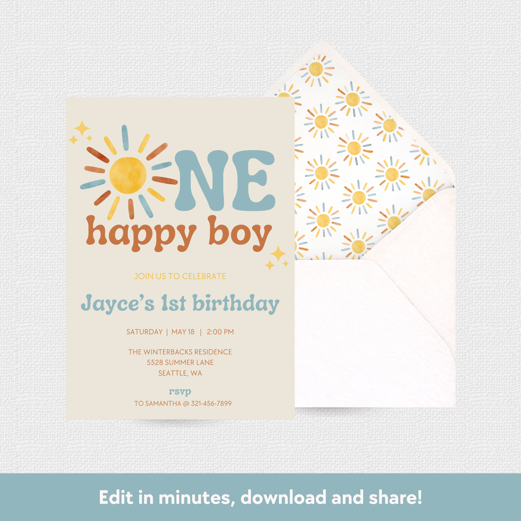 One Happy Boy Download & Print Invitation - Boho