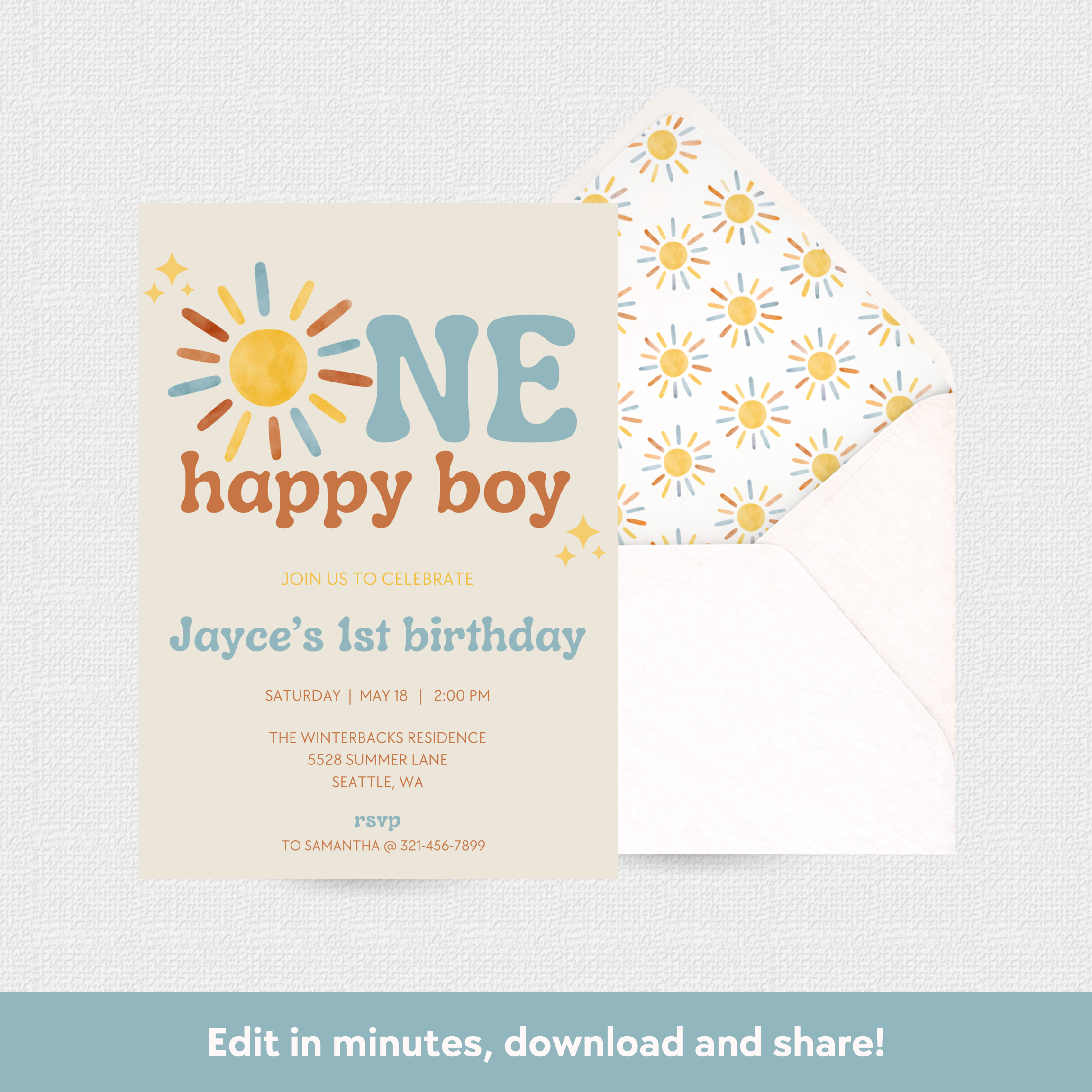 One Happy Boy Download & Print Invitation - Boho