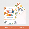 Children's birthday invitation with animal illustrations on a white background