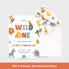 Children's birthday invitation with animal illustrations on a white background