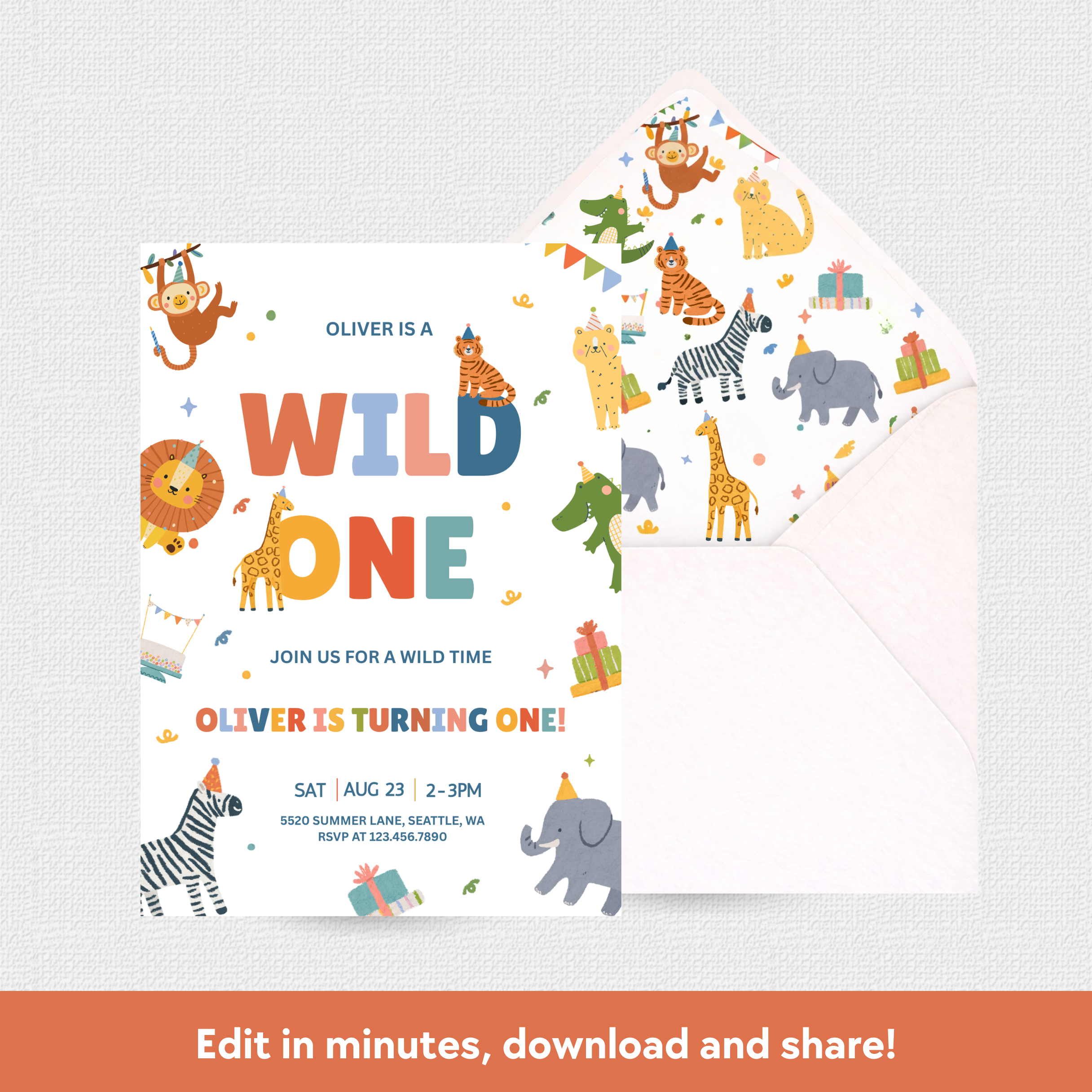 Children's birthday invitation with animal illustrations on a white background
